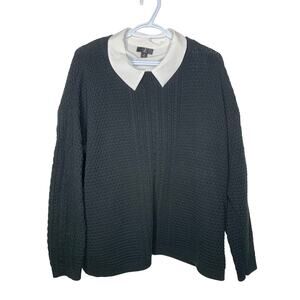 Jason Wu Black Preppy Cotton Blend Cable Knit Collared Sweater